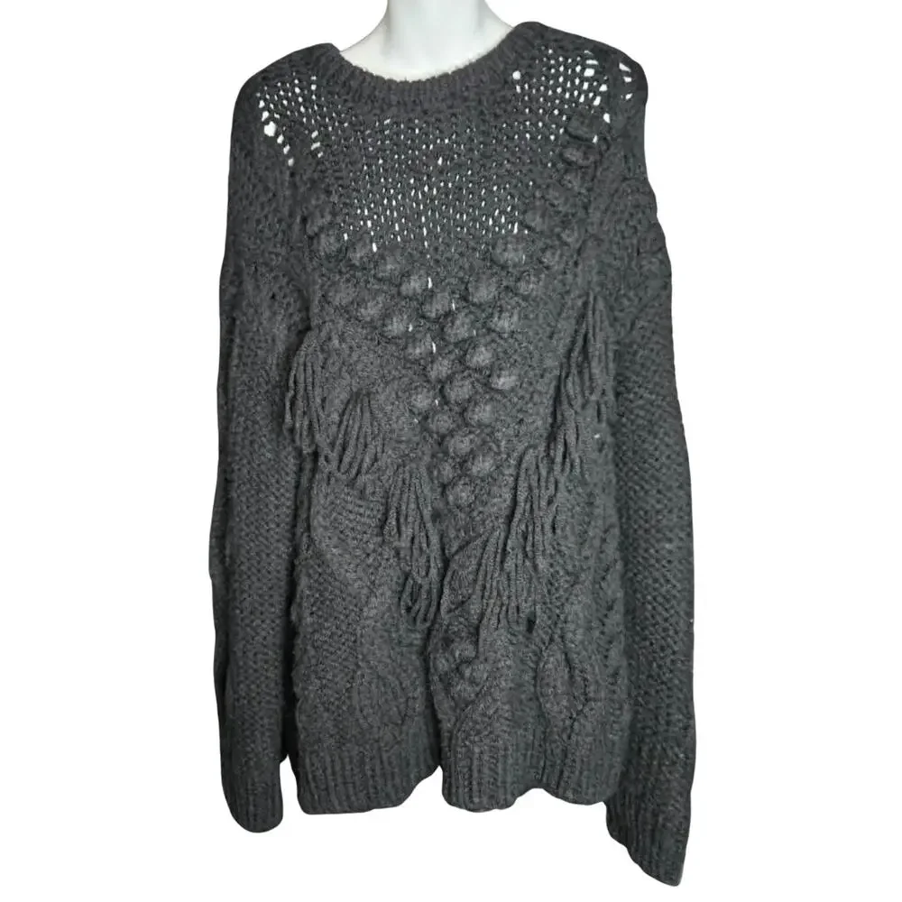 Zara Knit Black Oversized Chunky Fringe Crewneck Pullover Pompom Sweater Size S